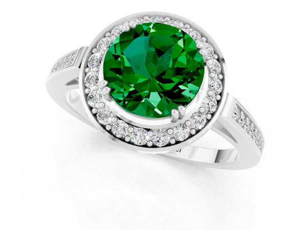 Silver Round Cut Emerald Halo Ring with Split Shank and Four-Prong Setting
