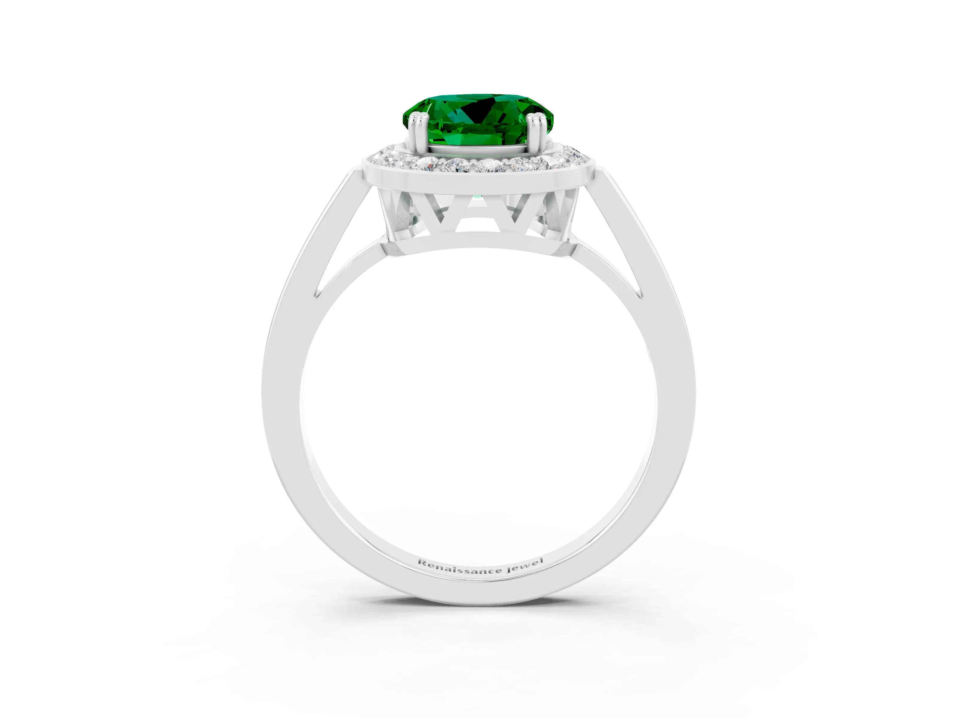 White gold Round Cut Emerald Halo Ring with Split Shank and Four-Prong Setting_3