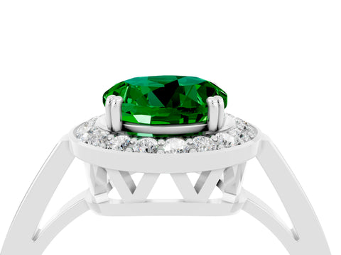White gold Round Cut Emerald Halo Ring with Split Shank and Four-Prong Setting_4