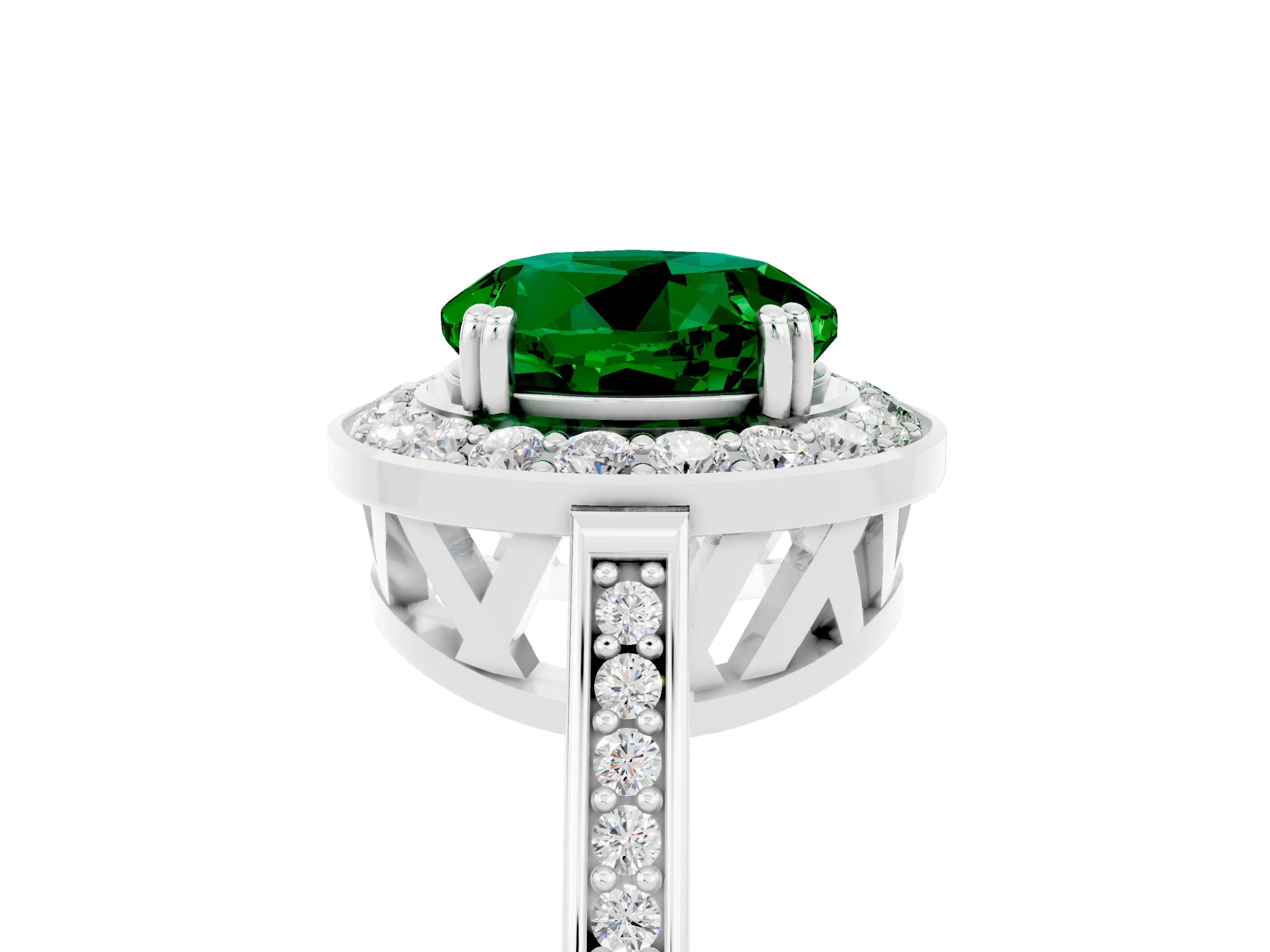 White gold Round Cut Emerald Halo Ring with Split Shank and Four-Prong Setting_5