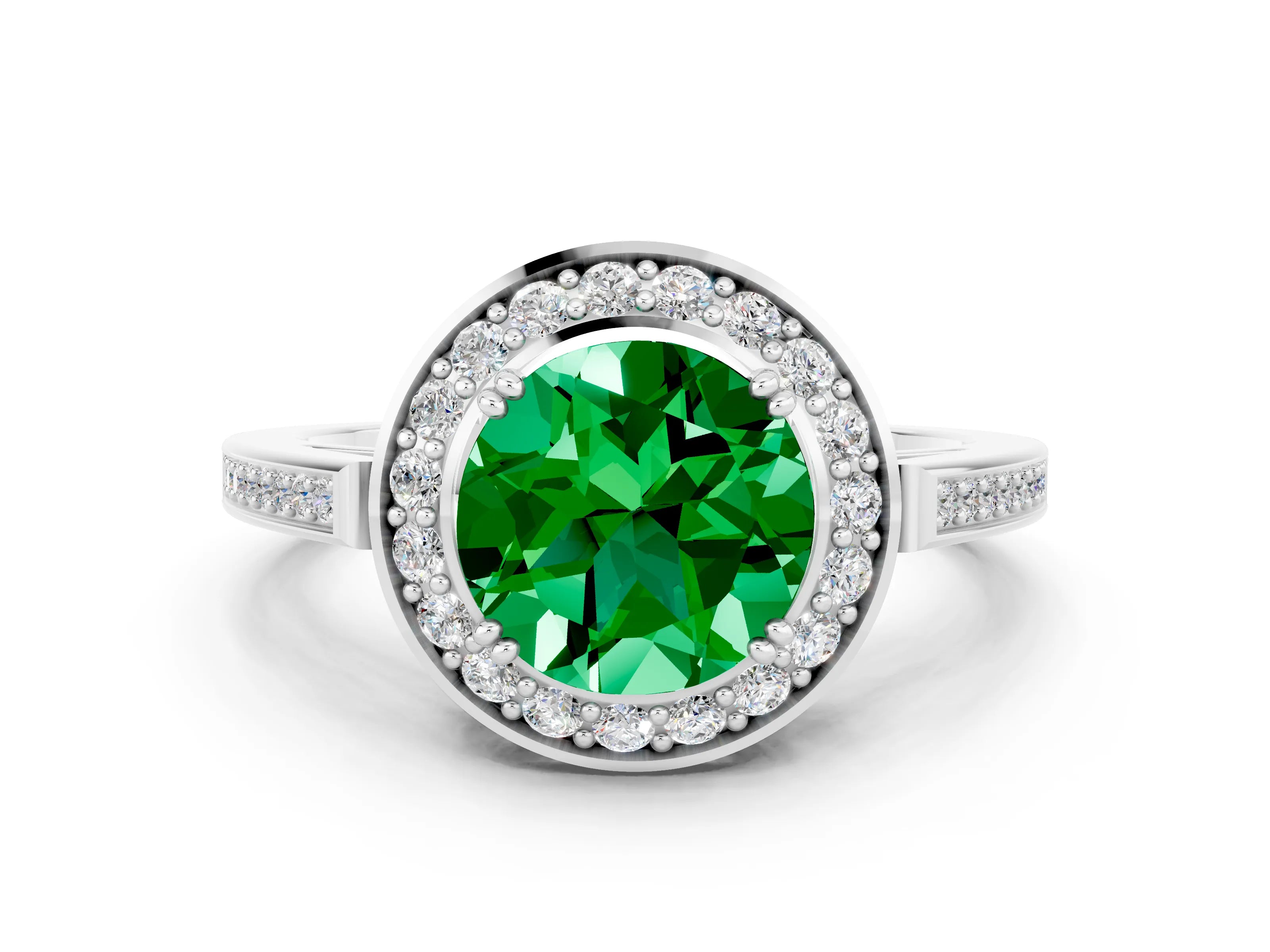 White gold Round Cut Emerald Halo Ring with Split Shank and Four-Prong Setting