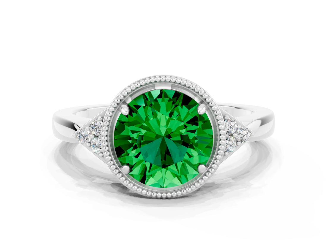White gold Round Cut Emerald Halo Ring with Tapered Band and Four-Prong Setting