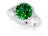 White gold Round Cut Emerald Halo Ring with Tapered Band and Four-Prong Setting_1
