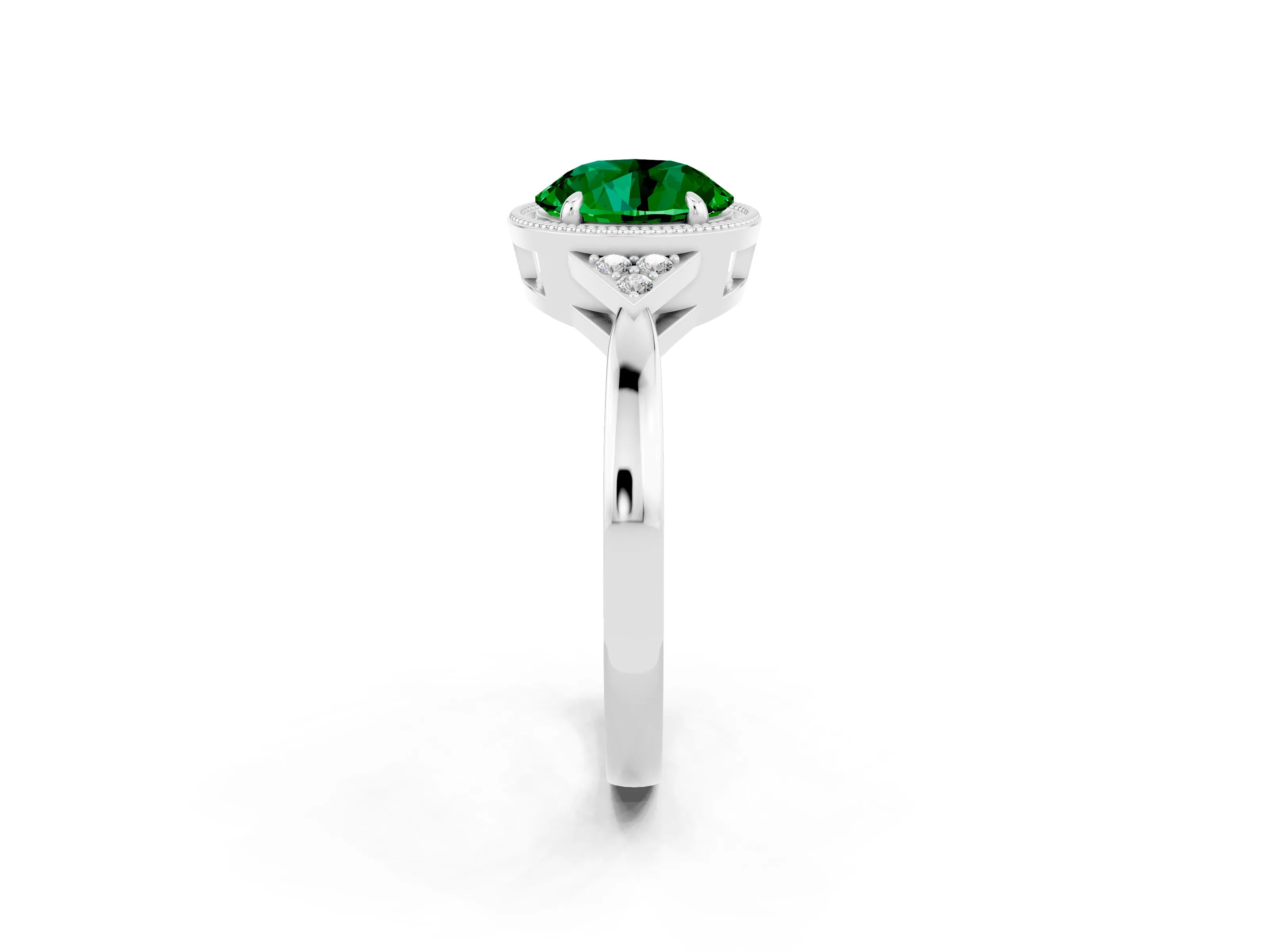 White gold Round Cut Emerald Halo Ring with Tapered Band and Four-Prong Setting_2
