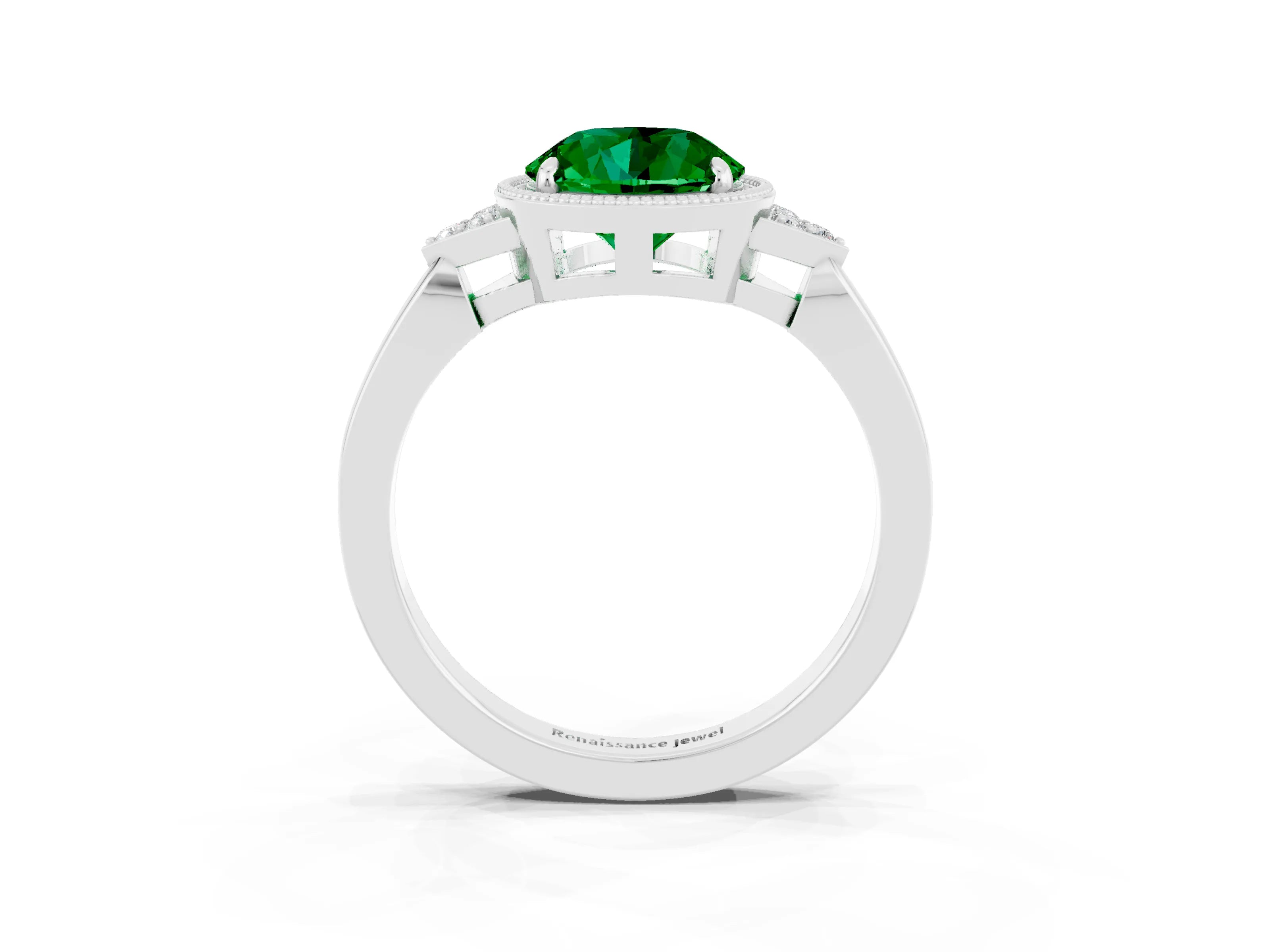 White gold Round Cut Emerald Halo Ring with Tapered Band and Four-Prong Setting_3
