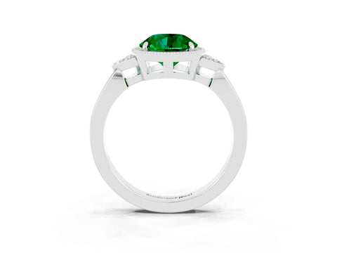 White gold Round Cut Emerald Halo Ring with Tapered Band and Four-Prong Setting_3