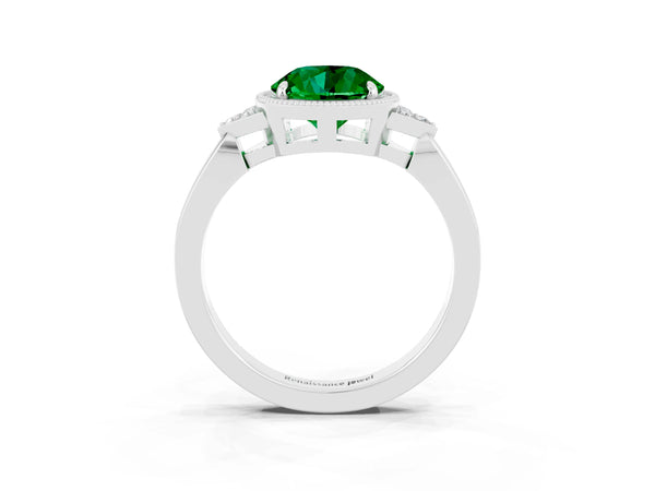 White gold Round Cut Emerald Halo Ring with Tapered Band and Four-Prong Setting