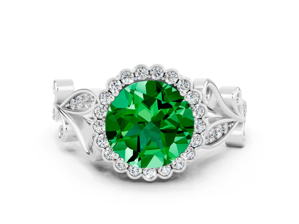 Silver Round Cut Emerald Halo Ring with Vintage Split Shank and Four-Prong Setting