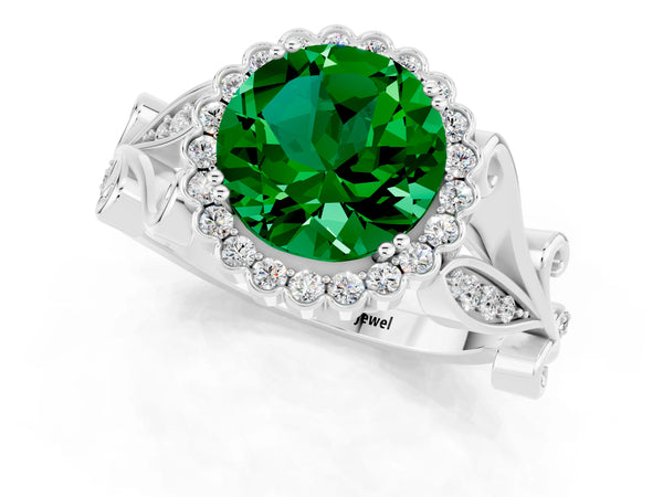 Silver Round Cut Emerald Halo Ring with Vintage Split Shank and Four-Prong Setting