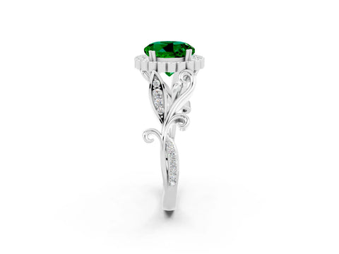 White gold Round Cut Emerald Halo Ring with Vintage Split Shank and Four-Prong Setting_32