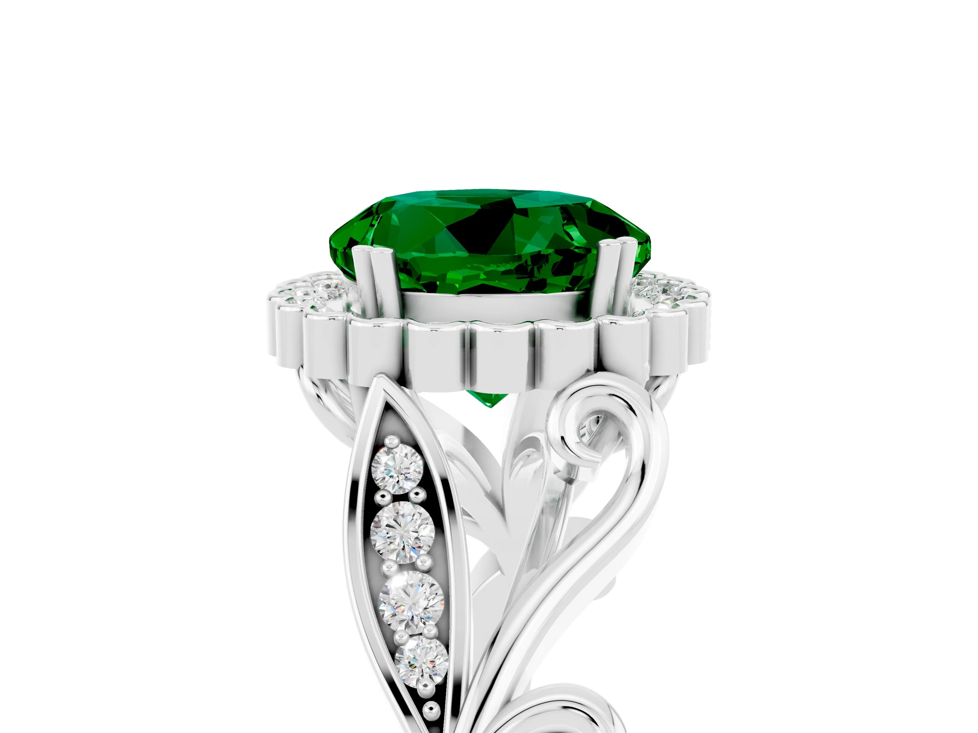 White gold Round Cut Emerald Halo Ring with Vintage Split Shank and Four-Prong Setting_35