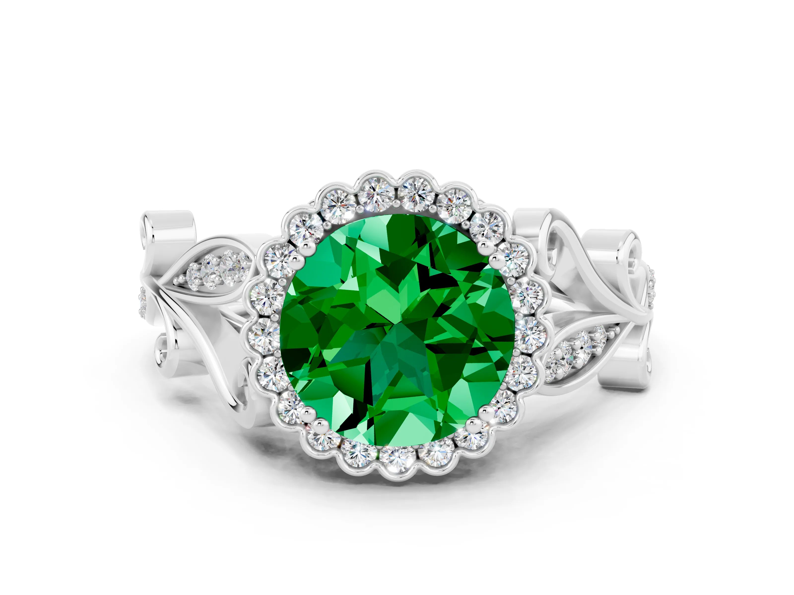 White gold Round Cut Emerald Halo Ring with Vintage Split Shank and Four-Prong Setting_36