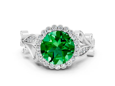 White gold Round Cut Emerald Halo Ring with Vintage Split Shank and Four-Prong Setting_36