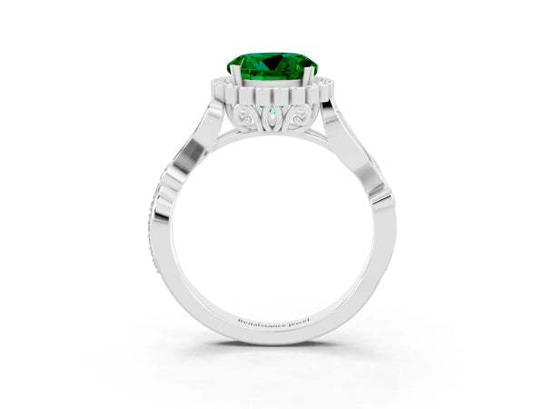 Platinum Round Cut Emerald Halo Ring with Vintage Split Shank and Four-Prong Setting