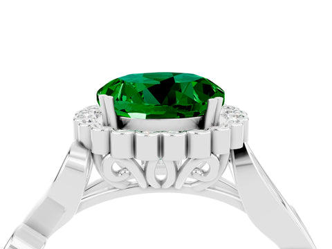 White gold Round Cut Emerald Halo Ring with Vintage Split Shank and Four-Prong Setting_40