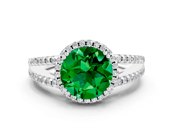 White gold Round Cut Emerald Halo Split Shank Engagement Ring