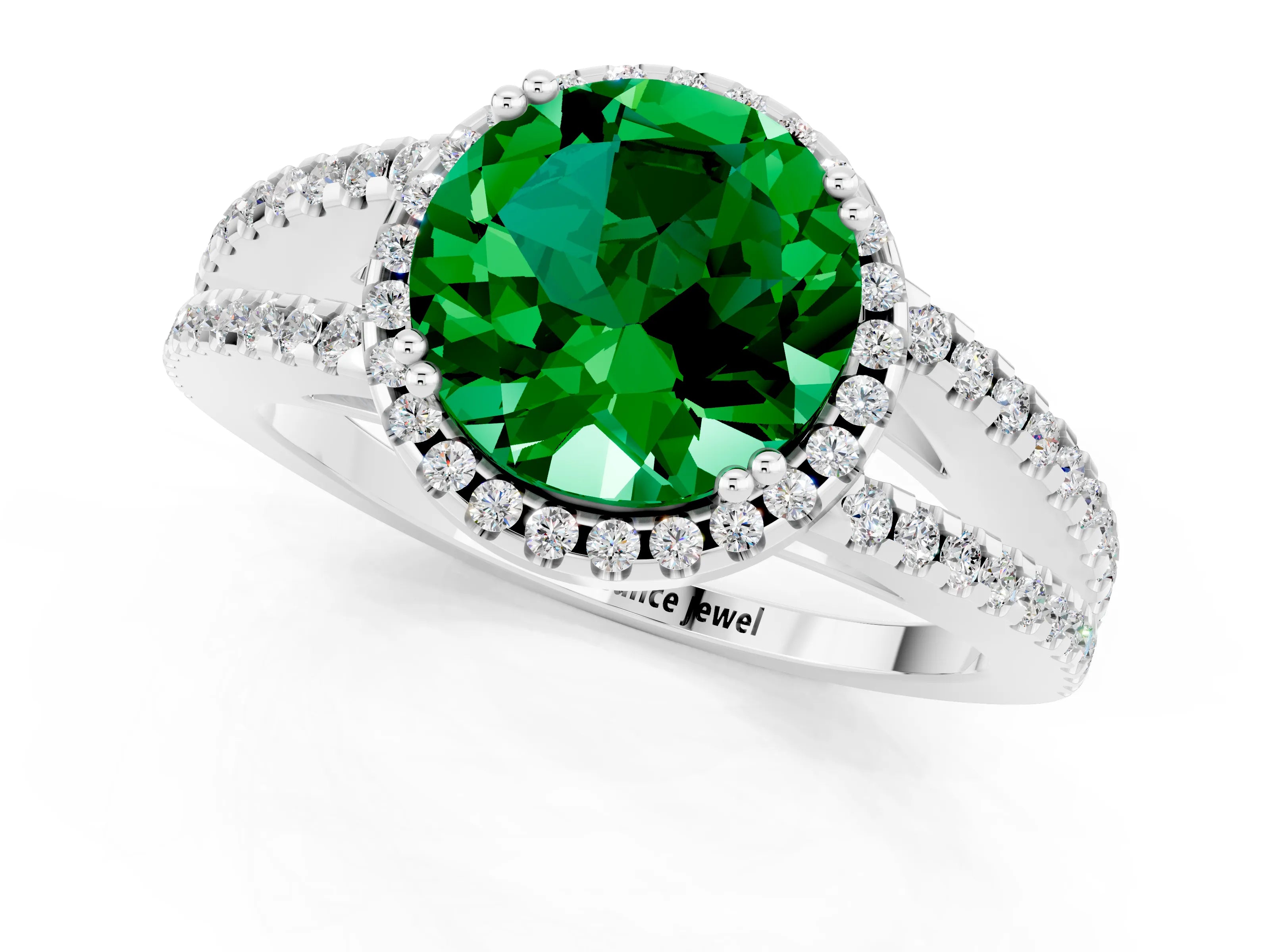 White gold Round Cut Emerald Halo Split Shank Engagement Ring_13