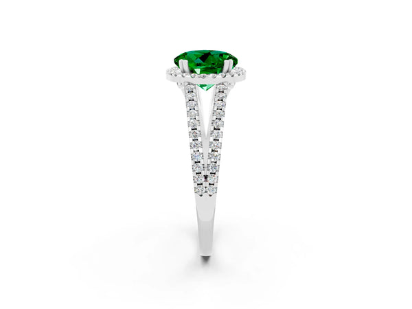 White gold Round Cut Emerald Halo Split Shank Engagement Ring