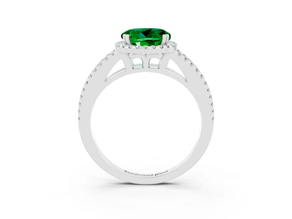 Platinum Round Cut Emerald Halo Split Shank Engagement Ring