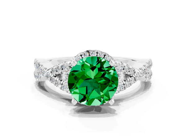 White gold Round Cut Emerald  Halo Twist Band Solitaire Prong Setting Ring