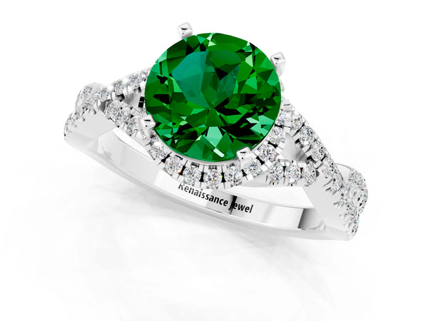 White gold Round Cut Emerald  Halo Twist Band Solitaire Prong Setting Ring