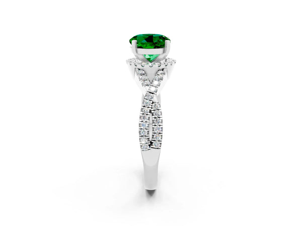 White gold Round Cut Emerald  Halo Twist Band Solitaire Prong Setting Ring