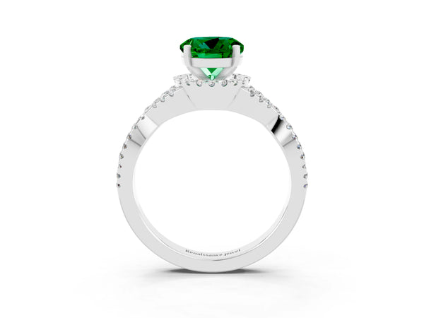 White gold Round Cut Emerald  Halo Twist Band Solitaire Prong Setting Ring