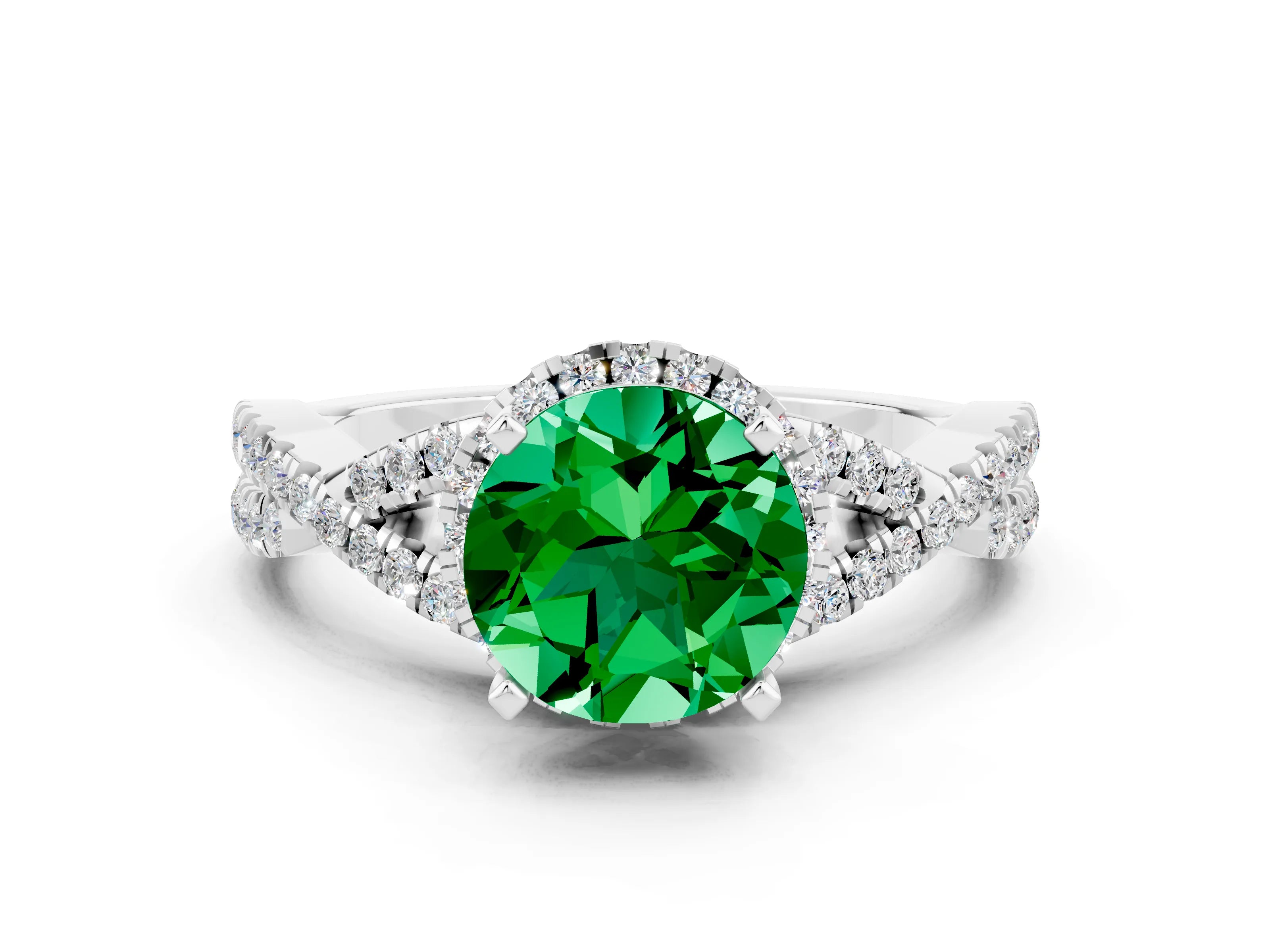 White gold Round Cut Emerald Halo Twist Band Solitaire Prong Setting Ring