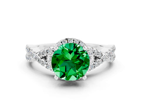 White gold Round Cut Emerald Halo Twist Band Solitaire Prong Setting Ring