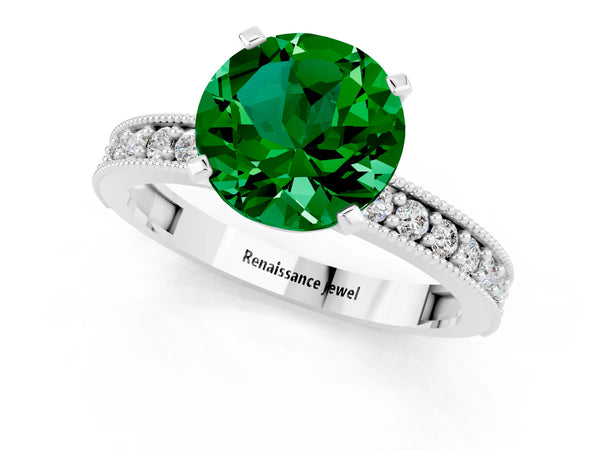 Silver Round Cut Emerald Milgrain Pavé Engagement Ring with Four-Prong Setting