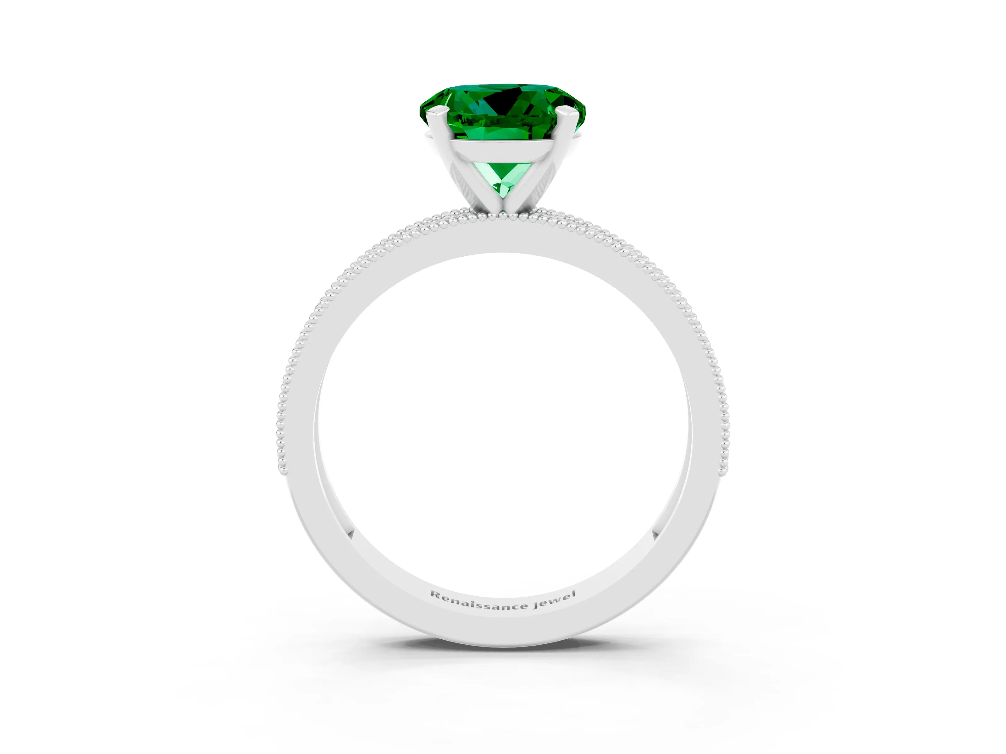 White gold Round Cut Emerald Milgrain Pavé Engagement Ring with Four-Prong Setting_3