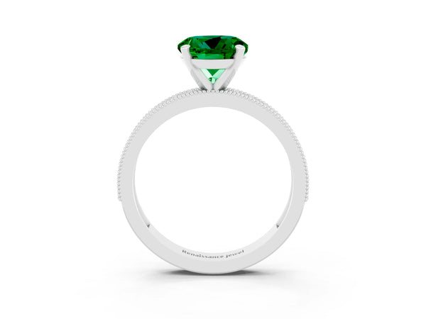 Silver Round Cut Emerald Milgrain Pavé Engagement Ring with Four-Prong Setting