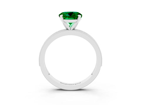 White gold Round Cut Emerald Milgrain Pavé Engagement Ring with Four-Prong Setting_3