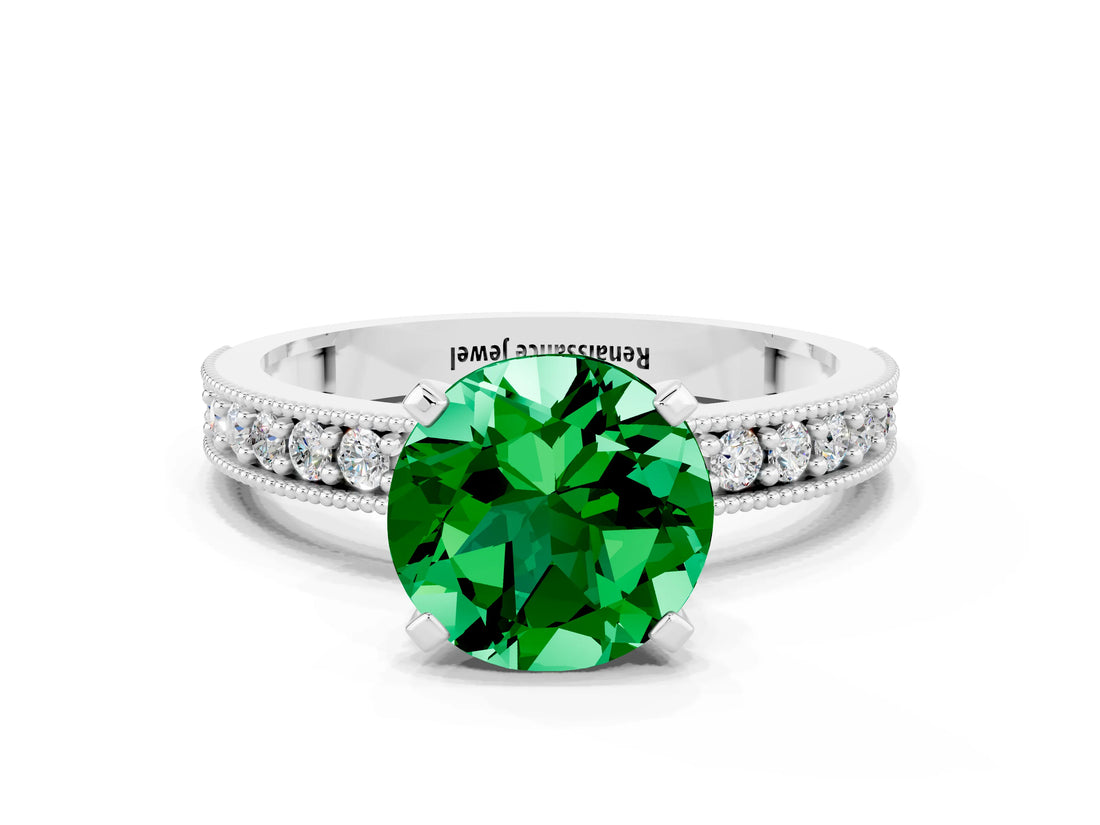 White gold Round Cut Emerald Milgrain Pavé Engagement Ring with Four-Prong Setting