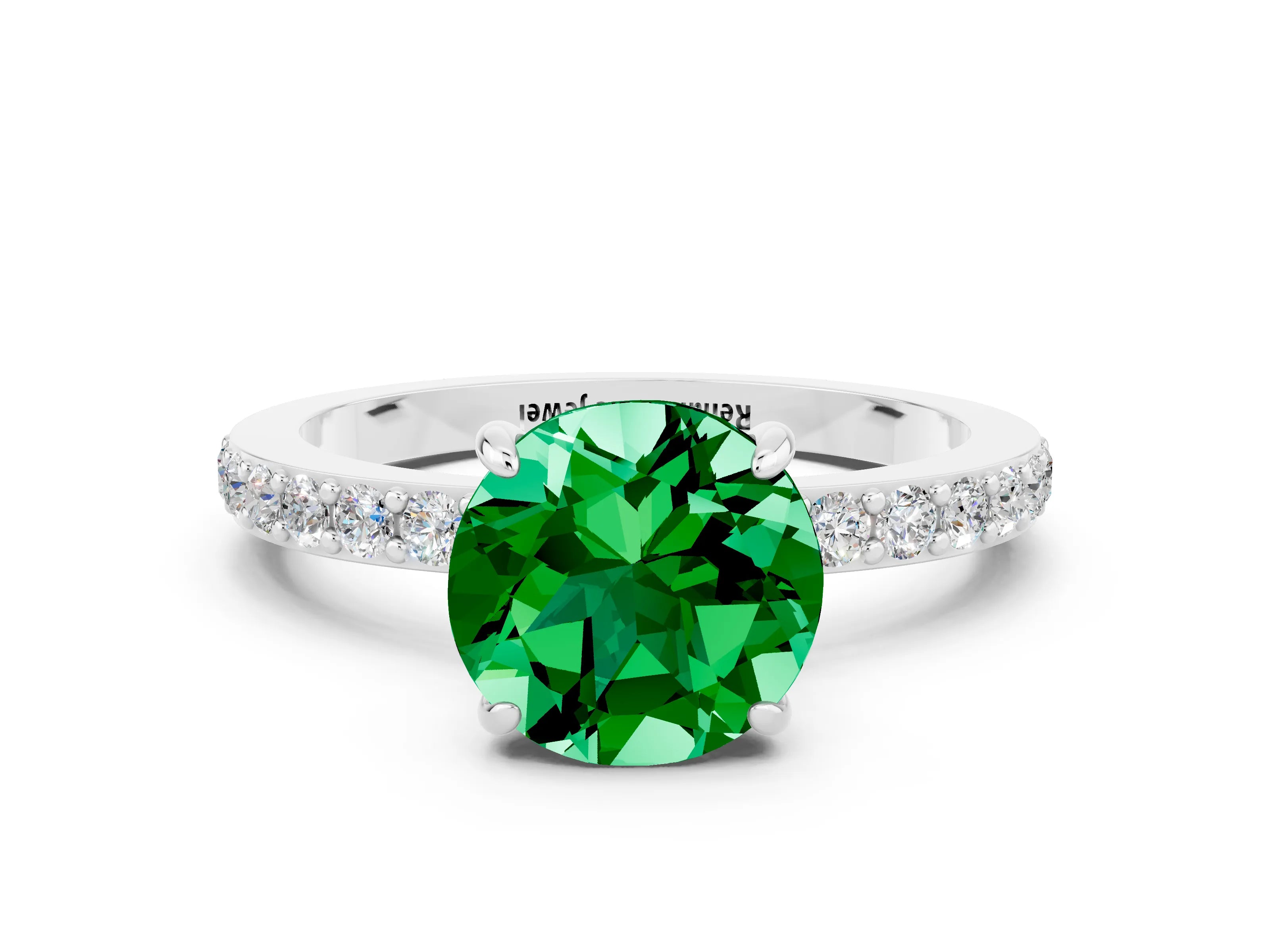 White gold Round Cut Emerald Pavé Engagement Ring with Round  Accents and Prong Setting_24