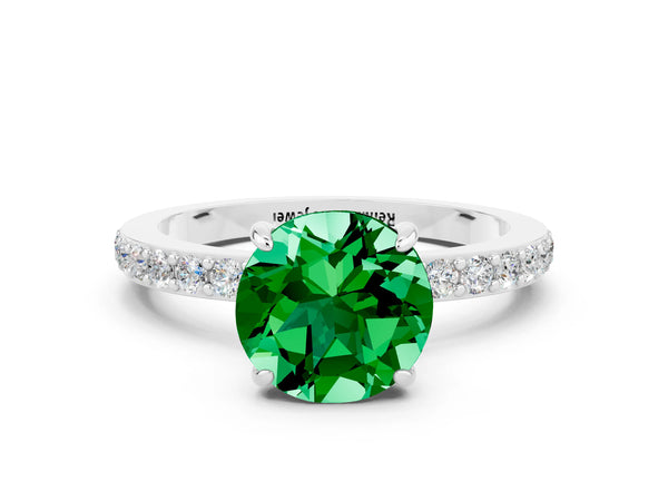Platinum Round Cut Emerald Pavé Engagement Ring with Round  Accents and Prong Setting