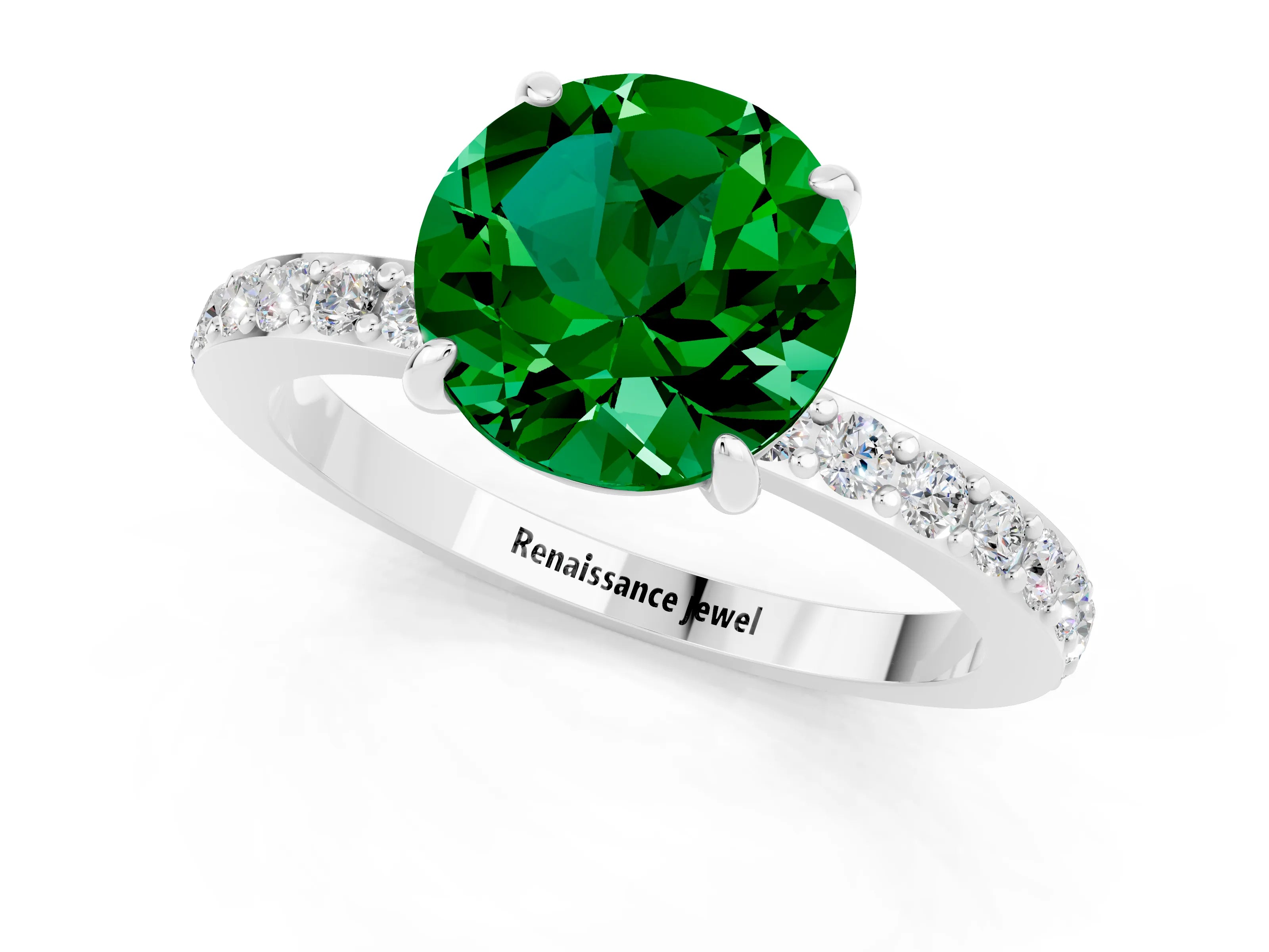 White gold Round Cut Emerald Pavé Engagement Ring with Round  Accents and Prong Setting_25
