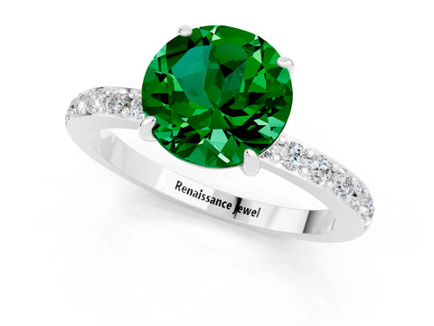 White gold Round Cut Emerald Pavé Engagement Ring with Round  Accents and Prong Setting_25