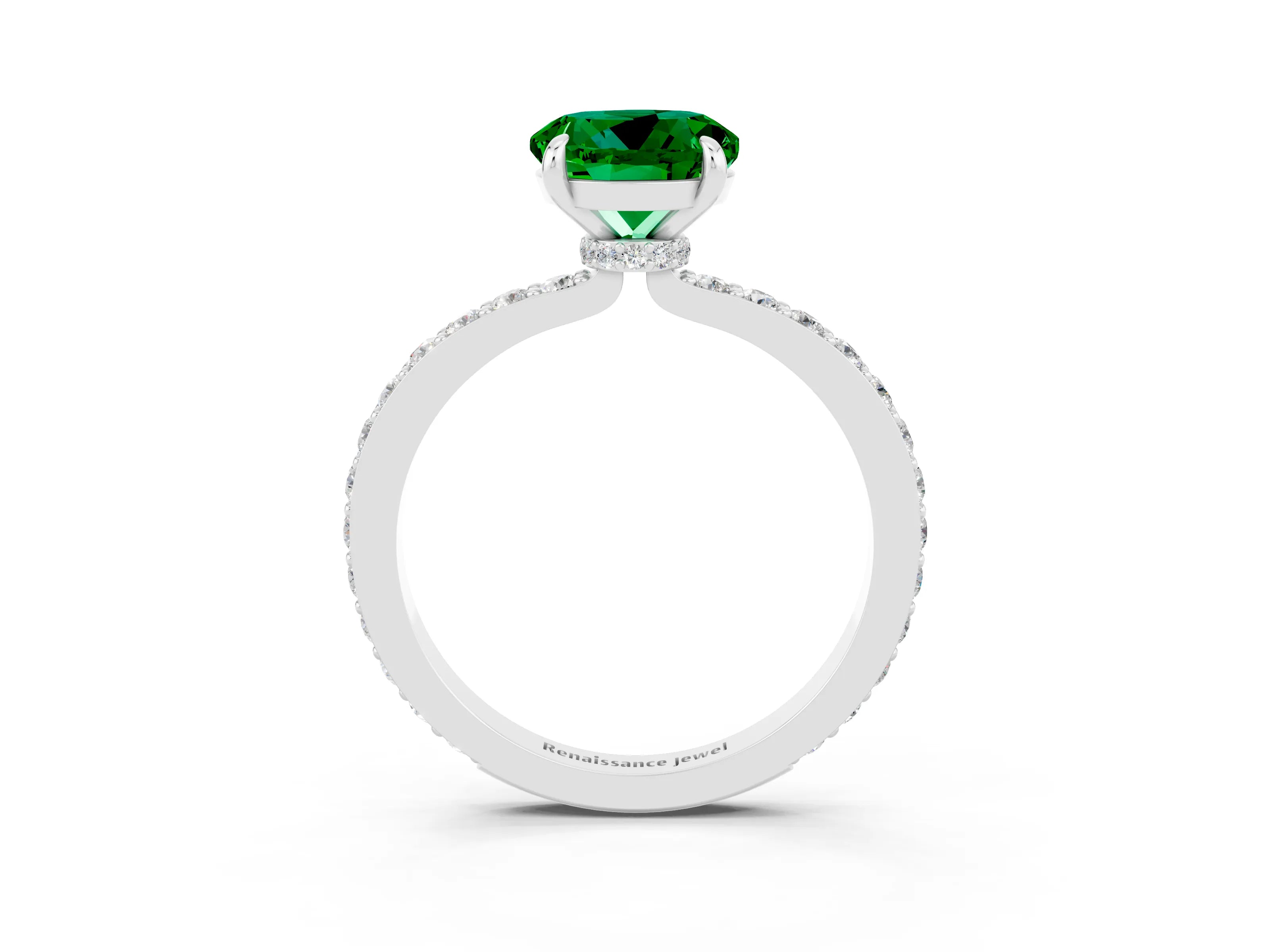 White gold Round Cut Emerald Pavé Engagement Ring with Round  Accents and Prong Setting_27
