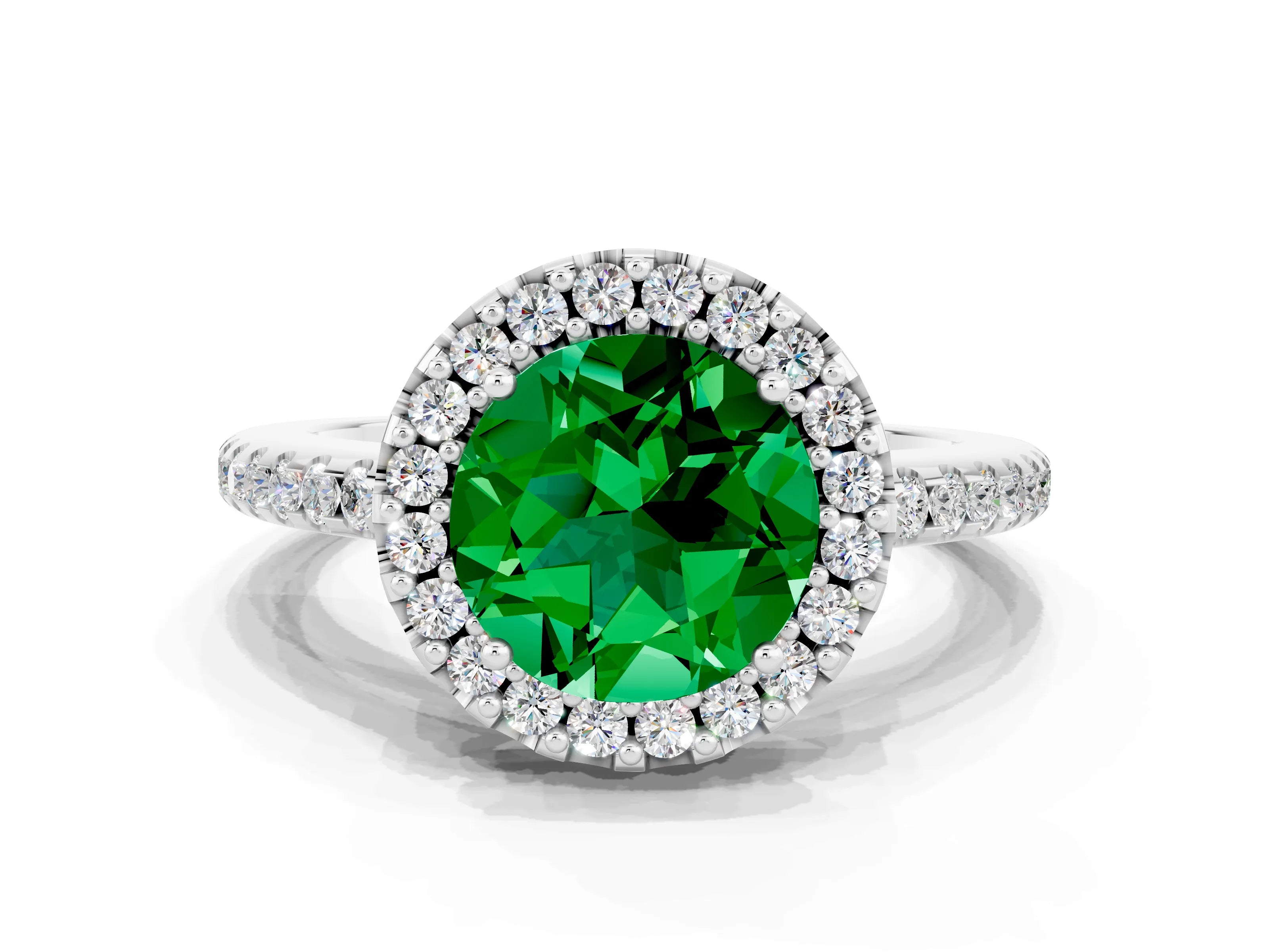 White gold Round Cut Emerald Pavé Halo Ring with Four-Prong Setting_12