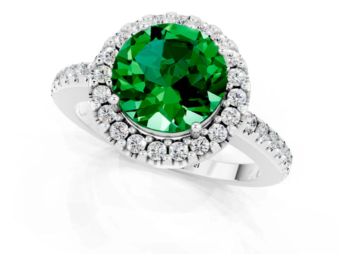 White gold Round Cut Emerald Pavé Halo Ring with Four-Prong Setting_13