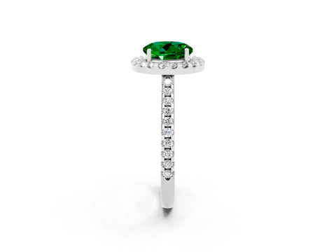 White gold Round Cut Emerald Pavé Halo Ring with Four-Prong Setting_14