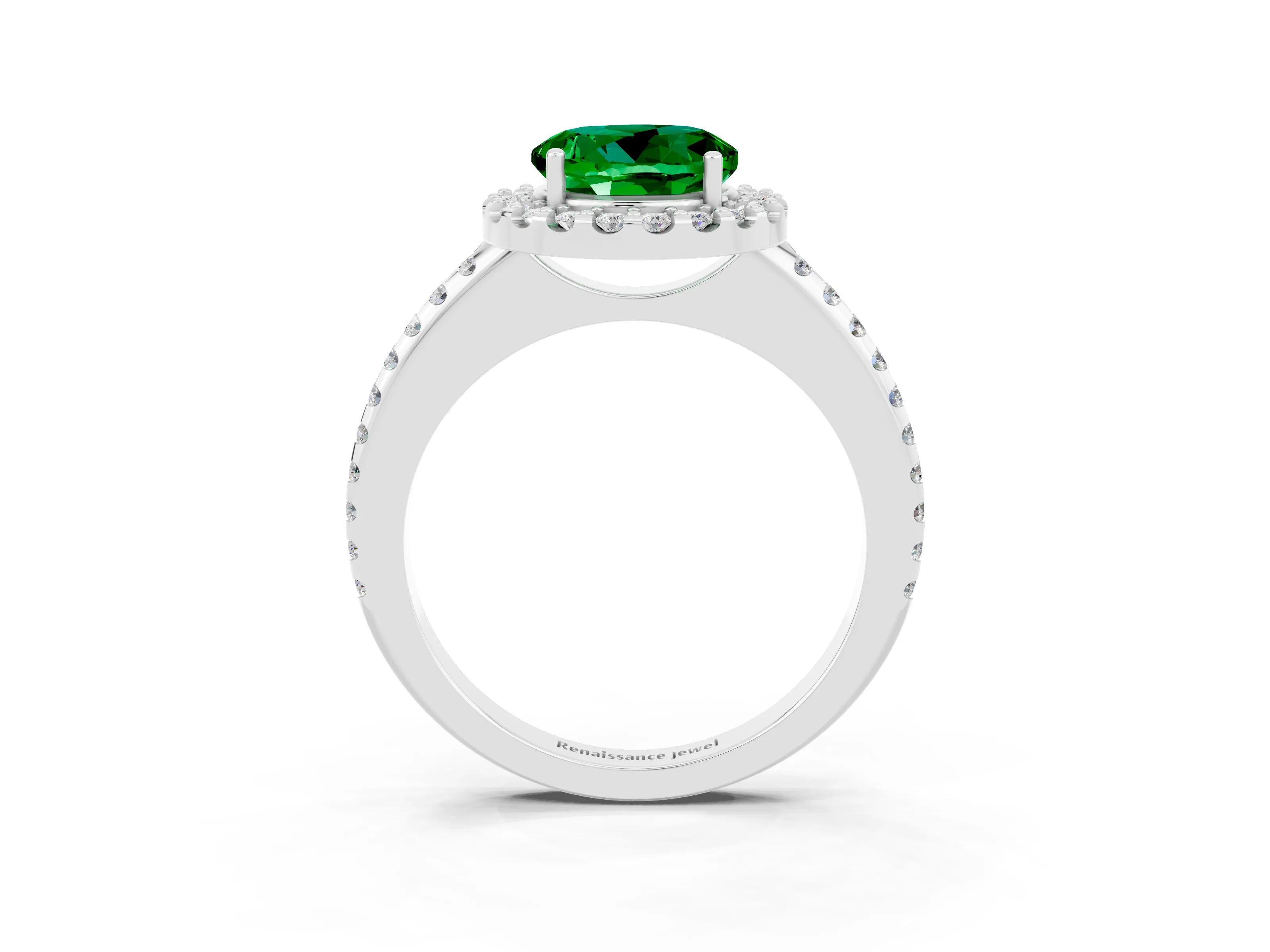 White gold Round Cut Emerald Pavé Halo Ring with Four-Prong Setting_15