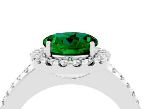 White gold Round Cut Emerald Pavé Halo Ring with Four-Prong Setting_16