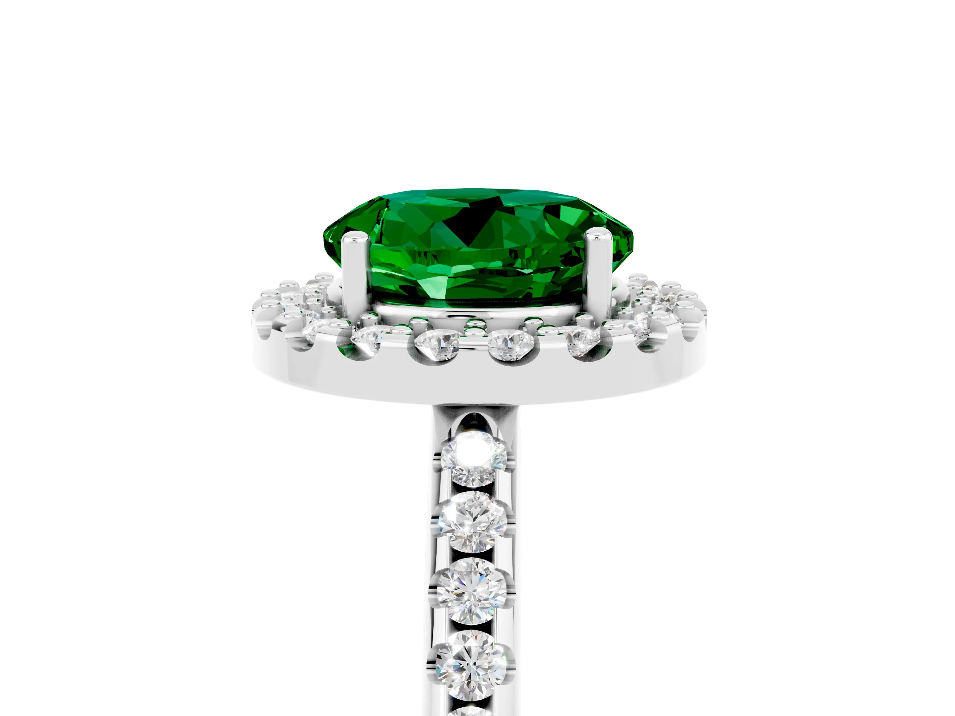 White gold Round Cut Emerald Pavé Halo Ring with Four-Prong Setting_17