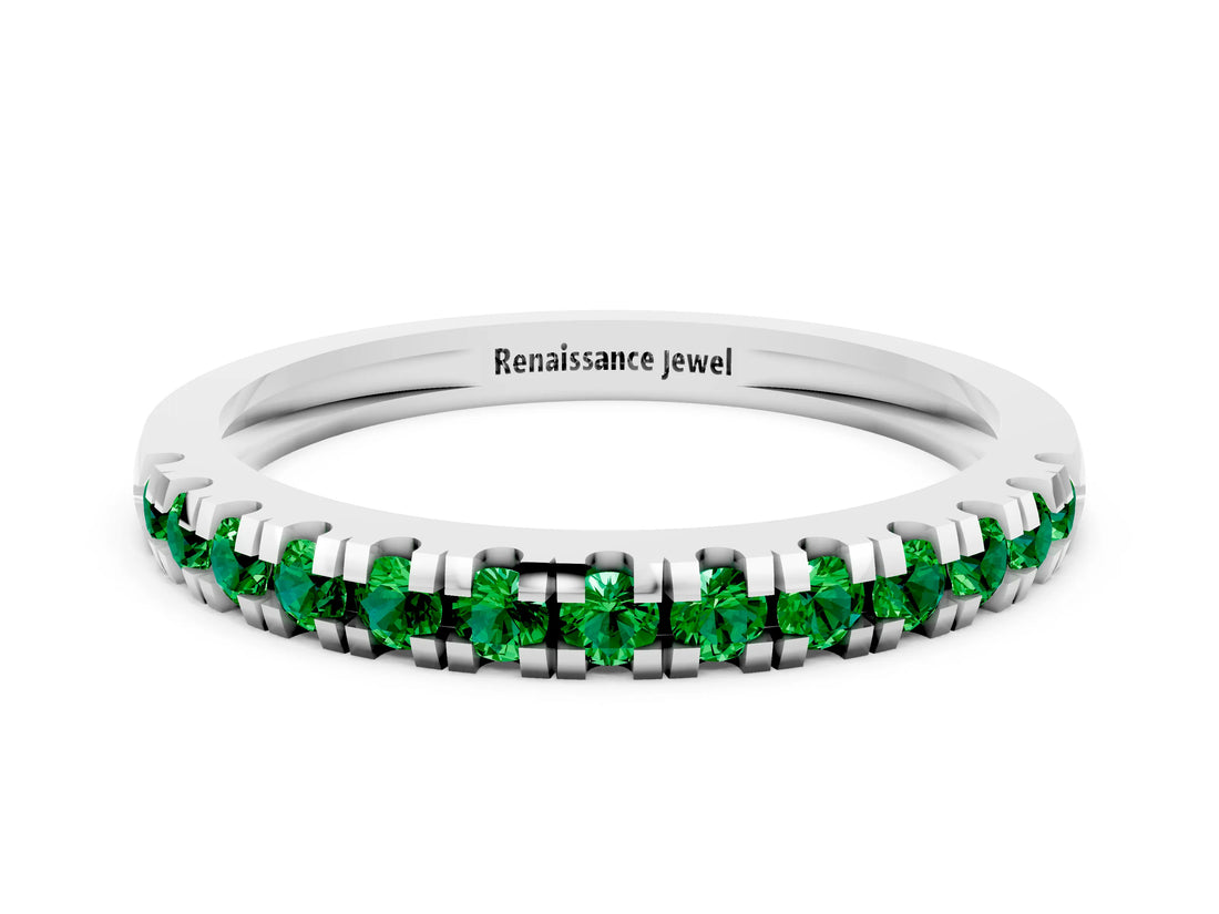White gold Round Cut Emerald Pavé Set Thin Band