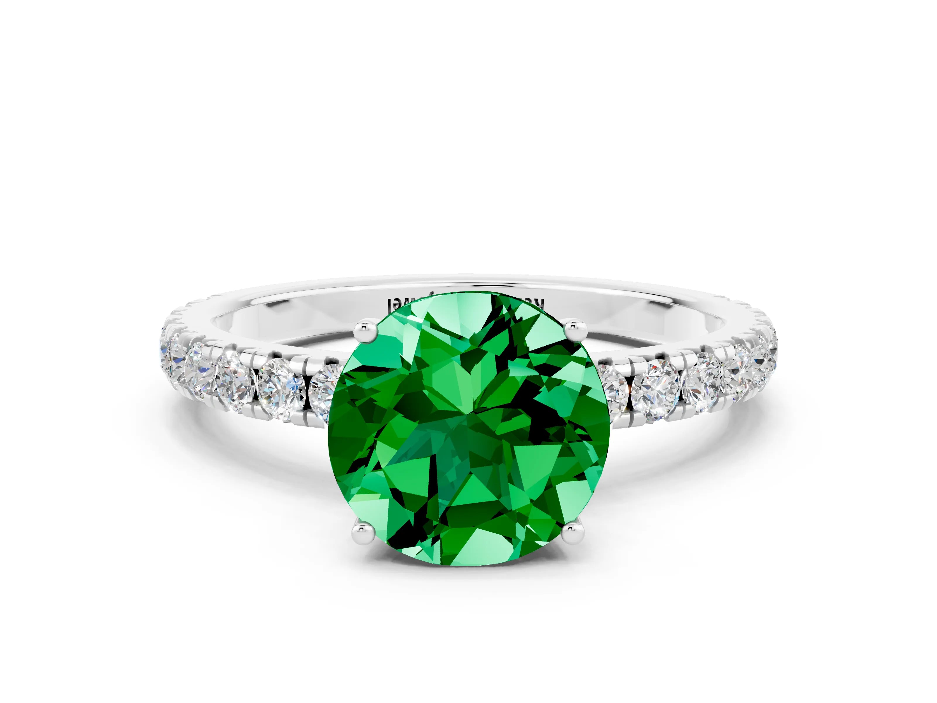 White gold Round Cut Emerald Pavé Solitaire Engagement Ring with Four-Prong Setting_12