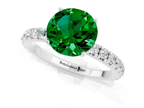 White gold Round Cut Emerald Pavé Solitaire Engagement Ring with Four-Prong Setting_13