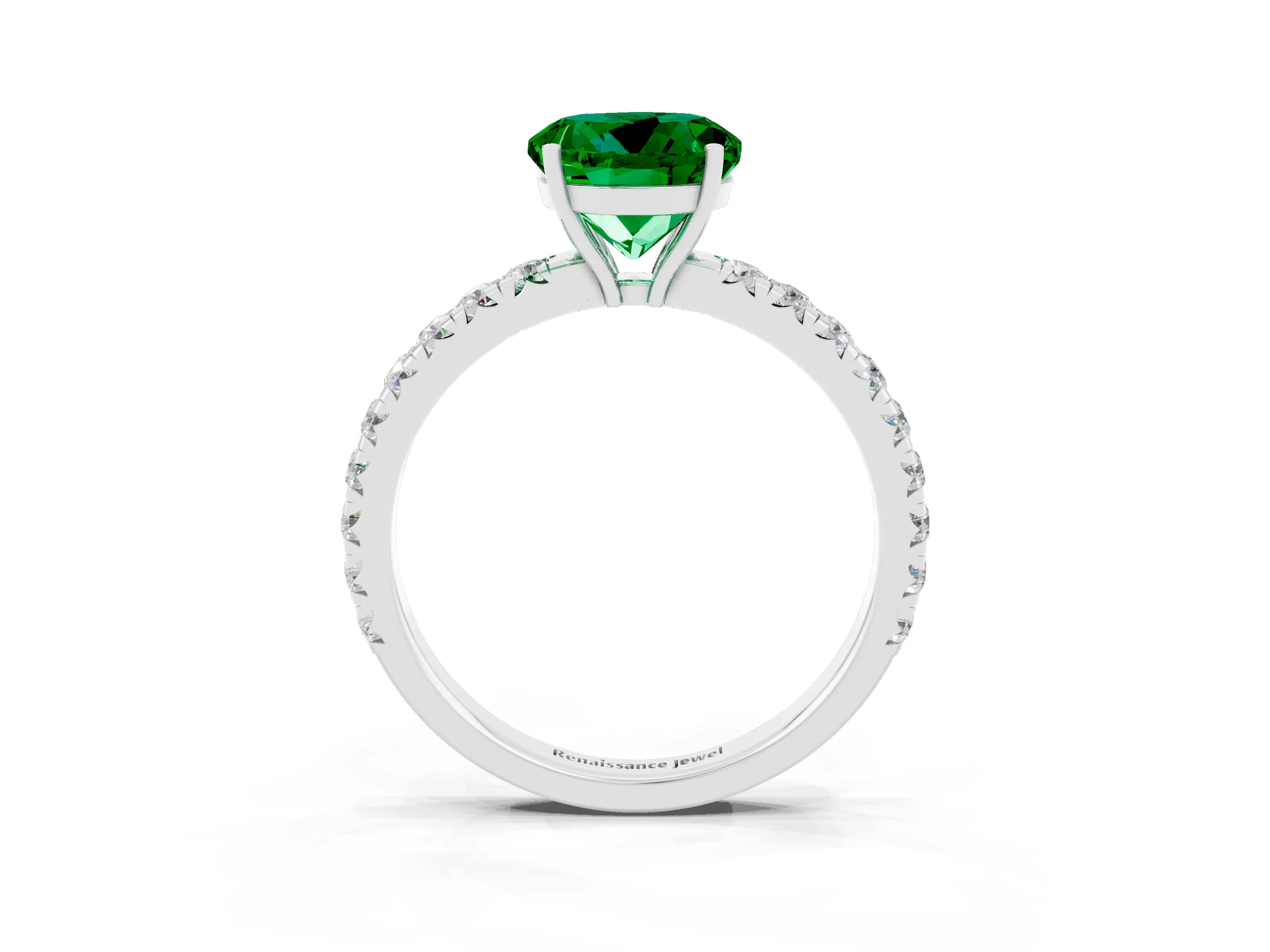 White gold Round Cut Emerald Pavé Solitaire Engagement Ring with Four-Prong Setting_15