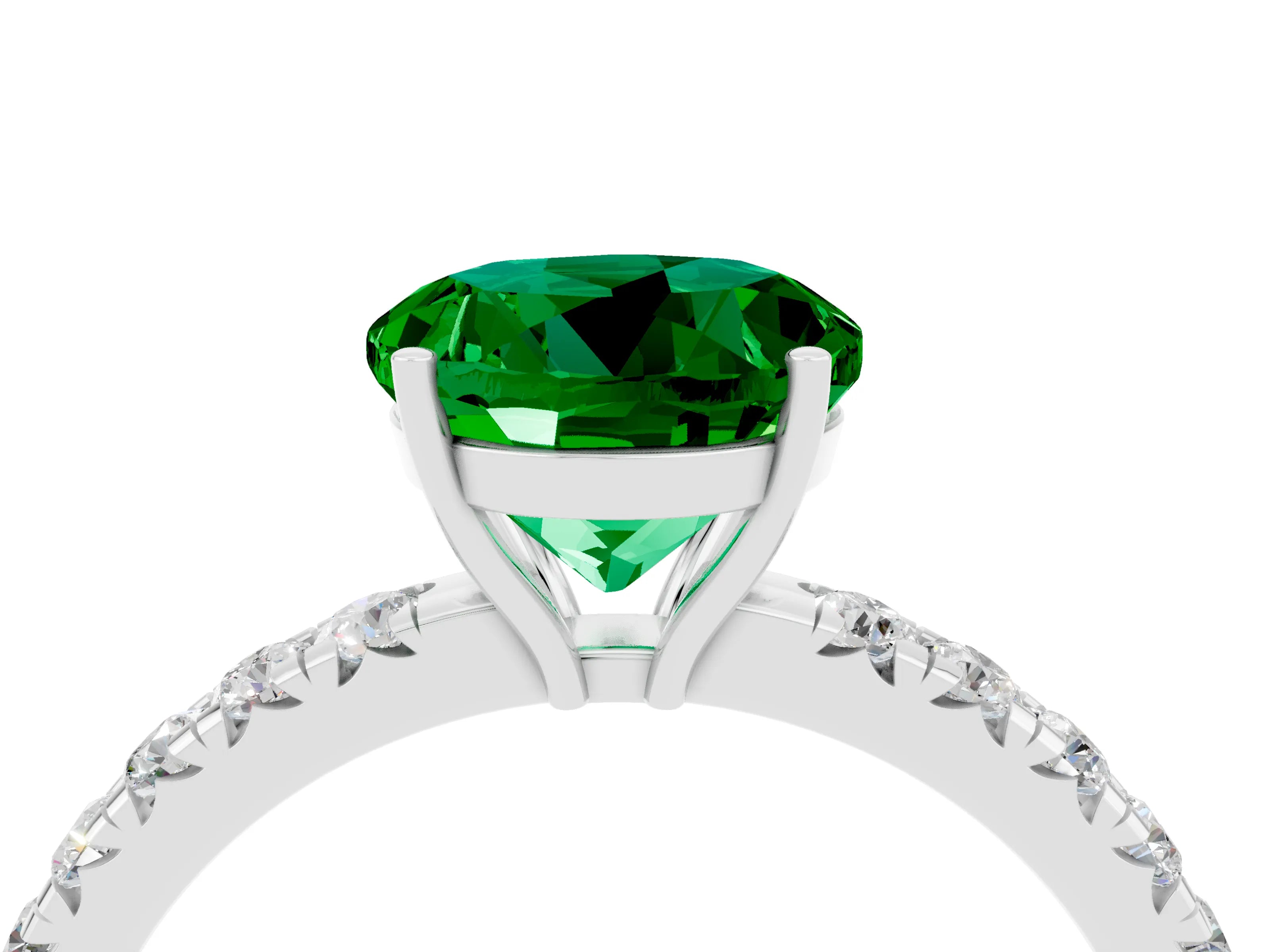 White gold Round Cut Emerald Pavé Solitaire Engagement Ring with Four-Prong Setting_16